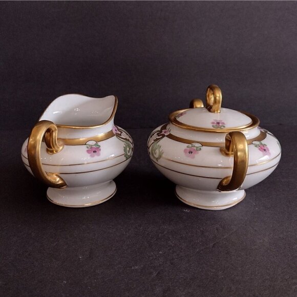 W A Pickard Handpainted China Art Nouveau Style Pink Floral Gold Sugar Creamer - Picture 2 of 10